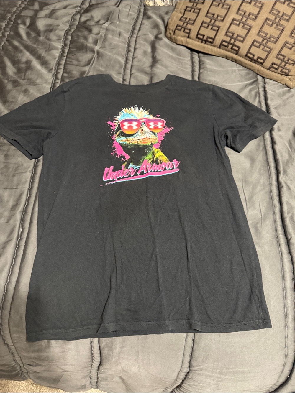 Under Armour Black Tee with Neon Lizard Graphic and Pink Script